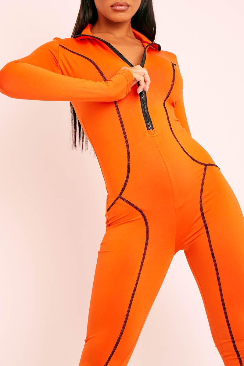 Orange Seam Detail Zip Front Jumpsuit - Liana-Jumpsuits