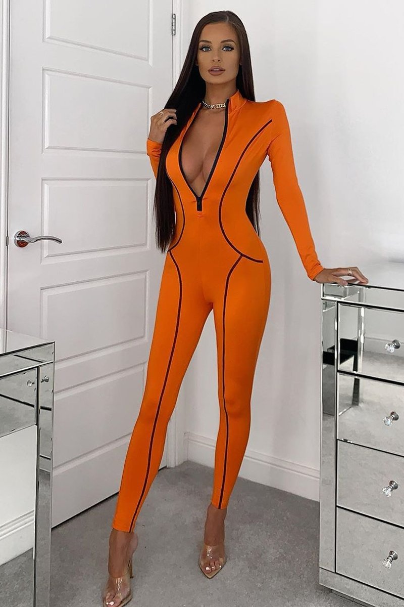 Orange Seam Detail Zip Front Jumpsuit - Liana-Jumpsuits