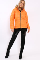 Orange Shiny Puffer Coat with Fur Hood - Idy-Coats