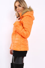 Orange Shiny Puffer Coat with Fur Hood - Idy-Coats