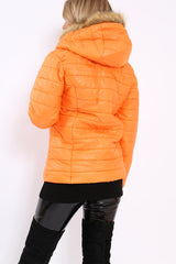 Orange Shiny Puffer Coat with Fur Hood - Idy-Coats