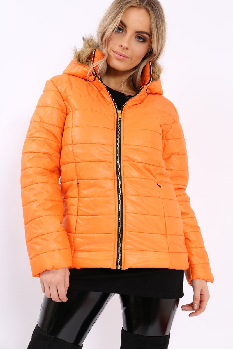 Orange Shiny Puffer Coat with Fur Hood - Idy-Coats