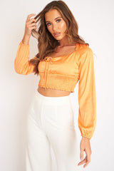 Orange Shirred Long Sleeve Strap Back Detail Crop Top -Traniyah-Crop Tops