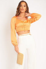 Orange Shirred Long Sleeve Strap Back Detail Crop Top -Traniyah-Crop Tops