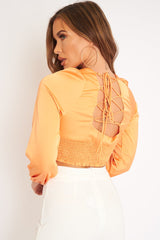 Orange Shirred Long Sleeve Strap Back Detail Crop Top -Traniyah-Crop Tops