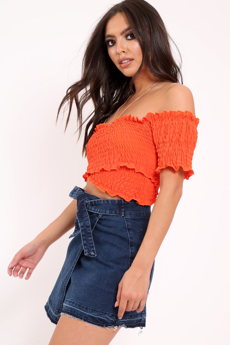 Orange Shirred Off The Shoulder Crop Top - Erial-Tops