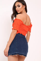 Orange Shirred Off The Shoulder Crop Top - Erial-Tops
