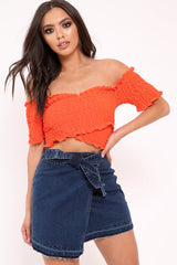 Orange Shirred Off The Shoulder Crop Top - Erial-Tops