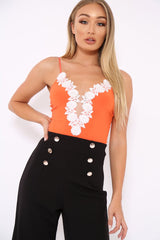 Orange Slinky Bodysuit with Floral Embroidery - Adila-Bodysuits