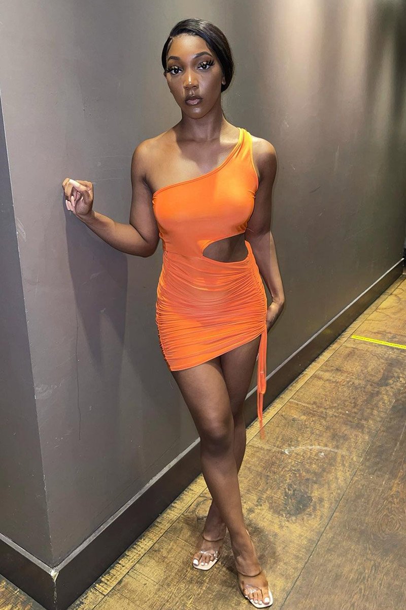 Orange Slinky One Shoulder Cut Out Dress - Semira-Dresses