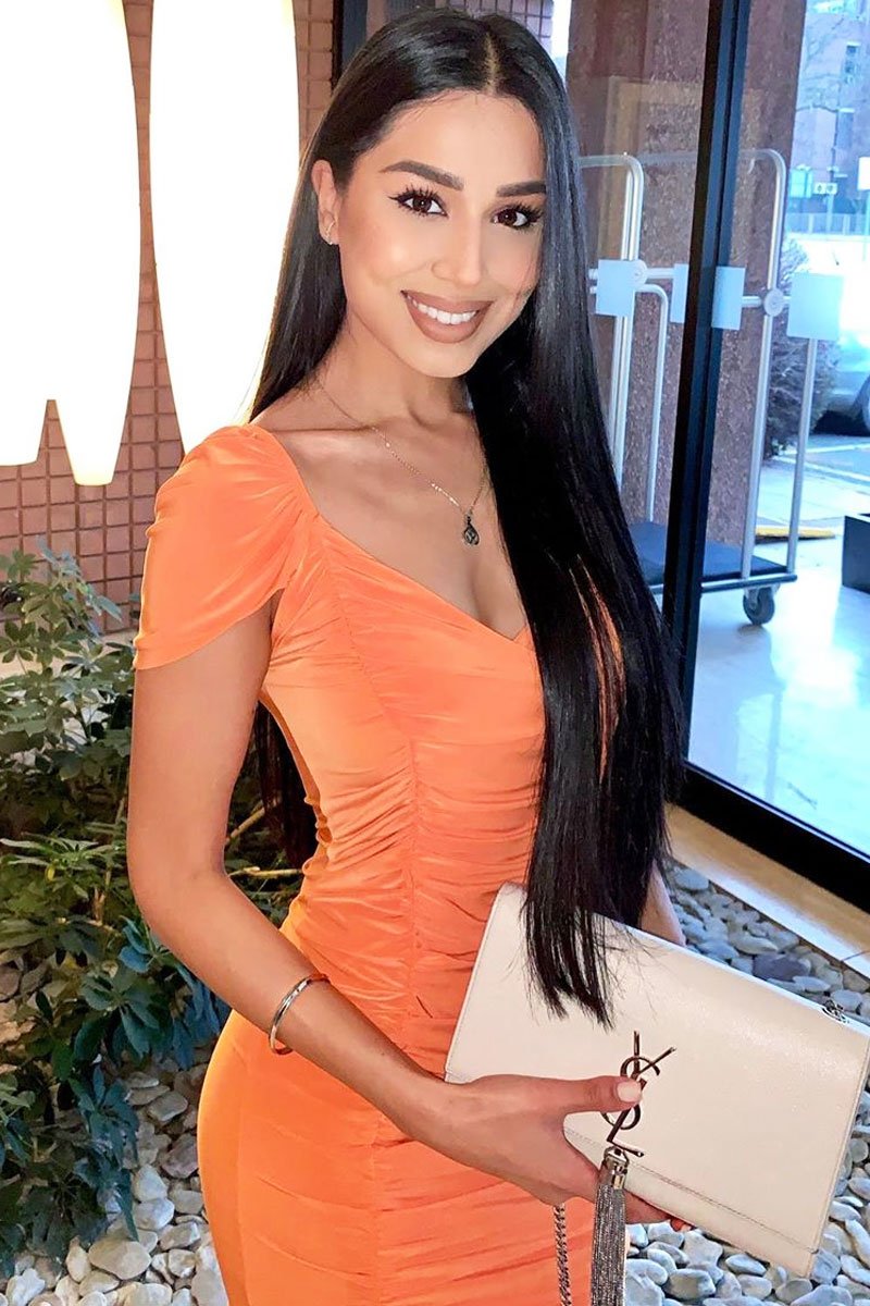 Orange Slinky Ruched Wrap Neckline Bodycon Dress - Helsa-Dresses