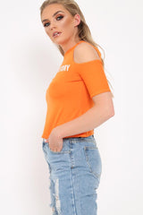 Orange Slogan Cold Shoulder Cropped T Shirt - Darlin-Tops