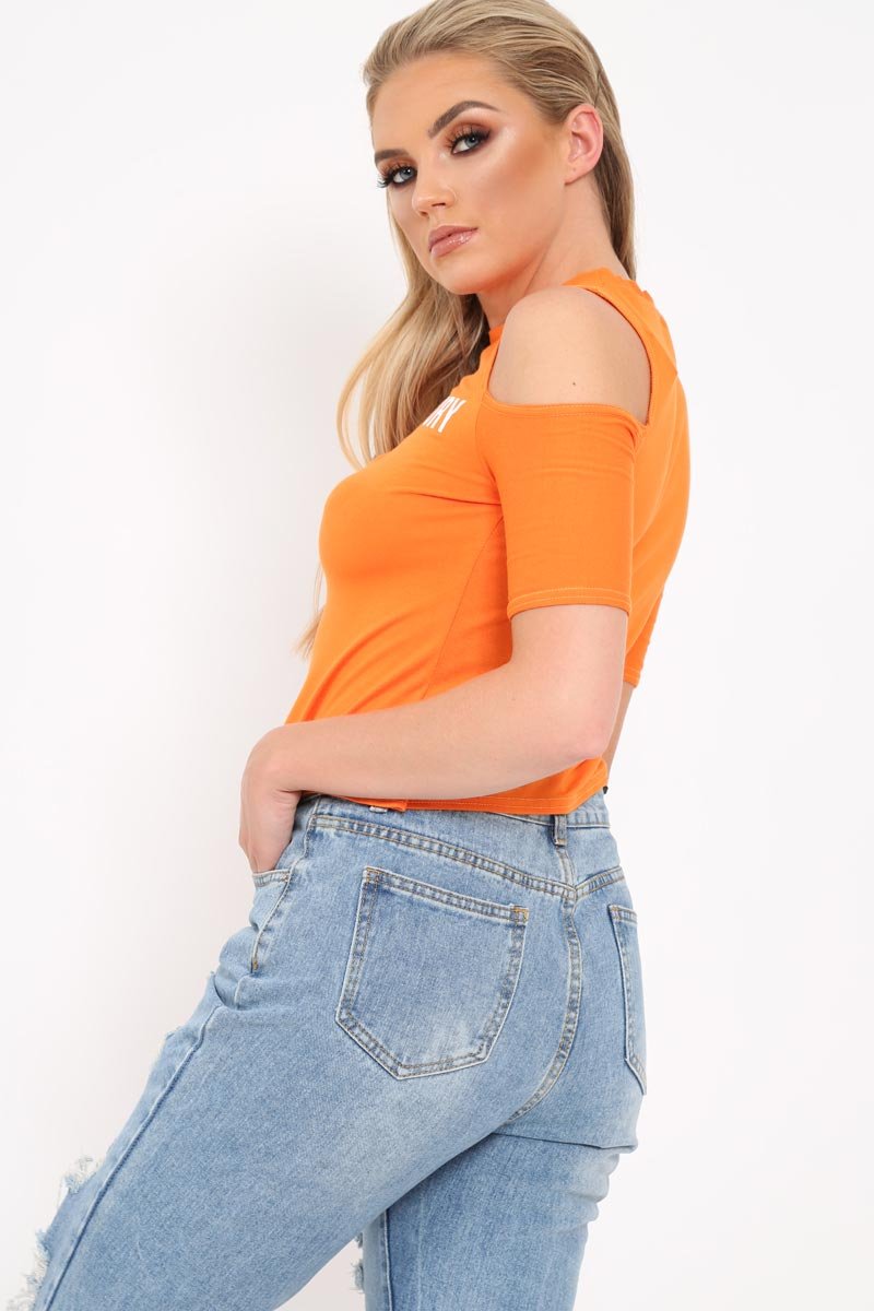 Orange Slogan Cold Shoulder Cropped T Shirt - Darlin-Tops