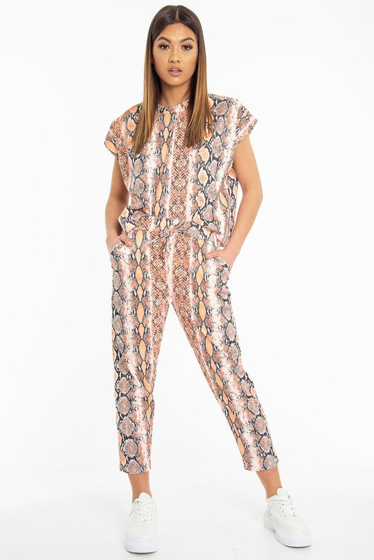 Orange Snake Print Short Sleeve Sweatshirt and Jogger Set - Aaliyan