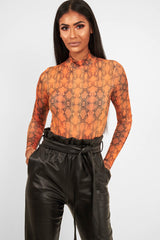 Orange Snake Print Slinky High Neck Bodysuit - Abira-Bodysuits