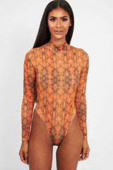 Orange Snake Print Slinky High Neck Bodysuit - Abira-Bodysuits