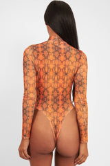 Orange Snake Print Slinky High Neck Bodysuit - Abira-Bodysuits
