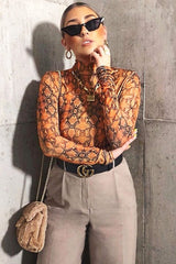 Orange Snake Print Slinky High Neck Bodysuit - Abira-Bodysuits