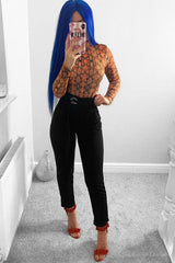 Orange Snake Print Slinky High Neck Bodysuit - Abira-Bodysuits