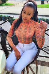 Orange Snake Print Slinky High Neck Bodysuit - Abira-Bodysuits