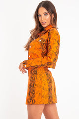 Orange Snake Print Trucker Jacket Mini Skirt Co-Ord - Kiera-Co-ords