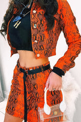 Orange Snake Print Trucker Jacket Mini Skirt Co-Ord - Kiera-Co-ords