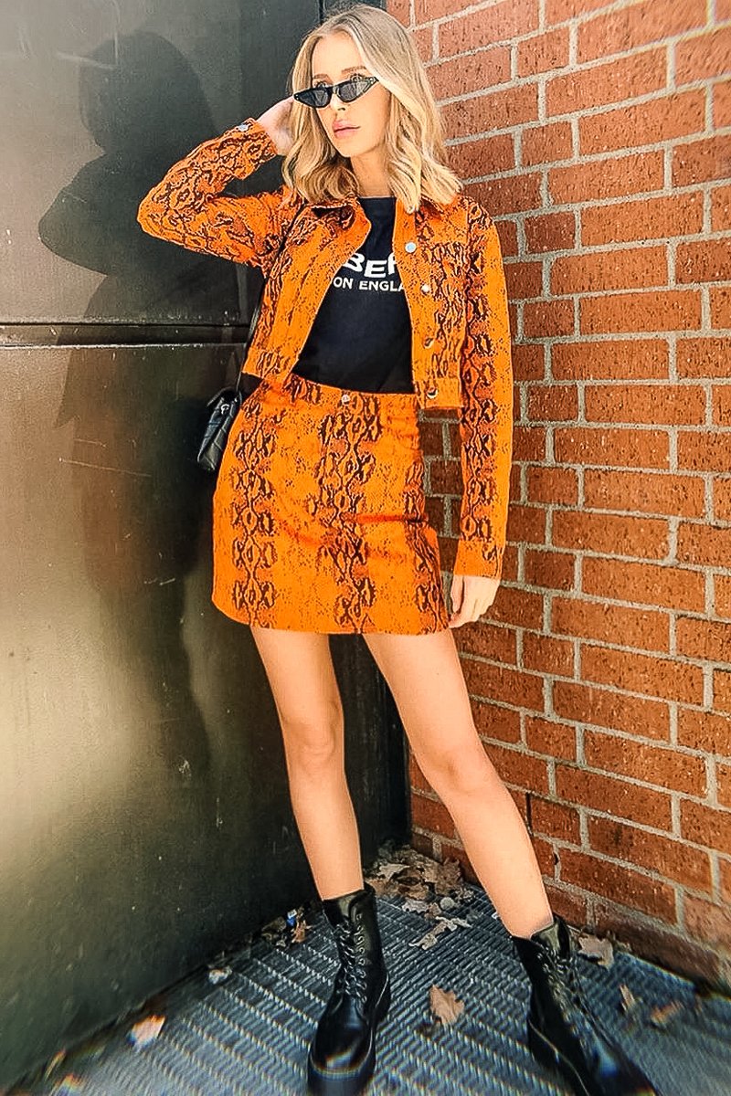 Orange Snake Print Trucker Jacket Mini Skirt Co-Ord - Kiera-Co-ords