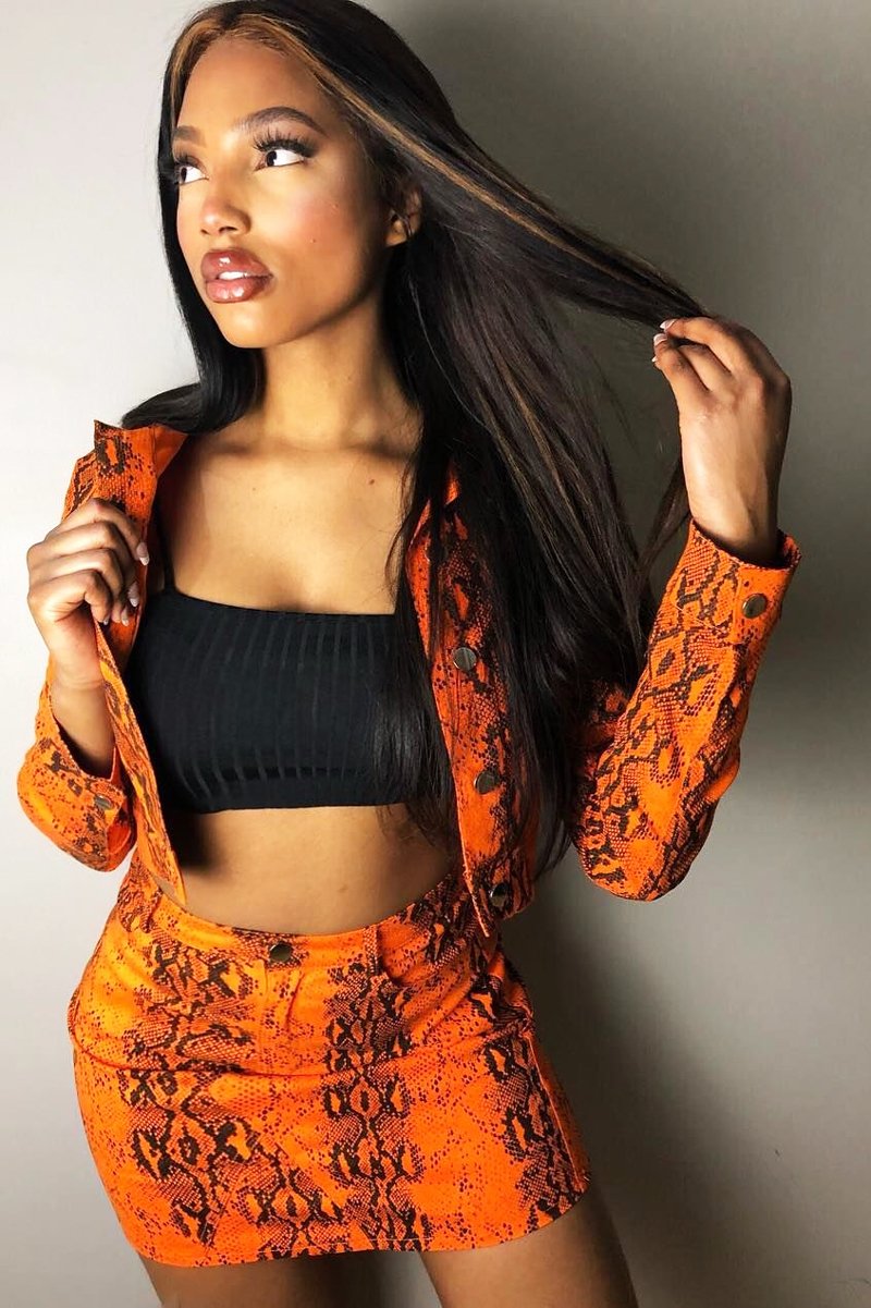 Orange Snake Print Trucker Jacket Mini Skirt Co-Ord - Kiera-Co-ords