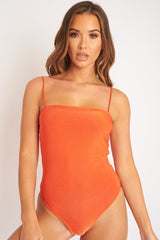 Orange Square Neck Slinky Bodysuit - Sadie-Bodysuits