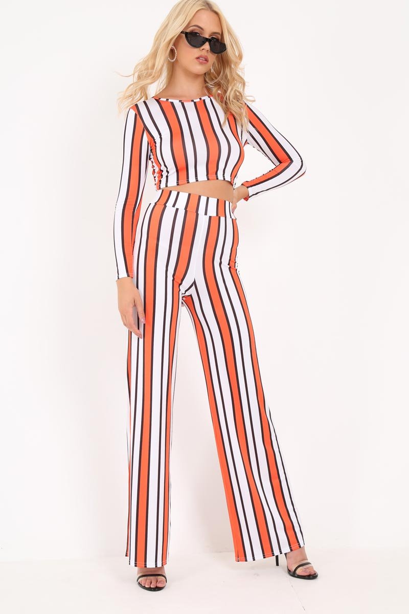 Orange Stripe Crop Top Wide Leg Co-Ord - Ivette-Co-ords