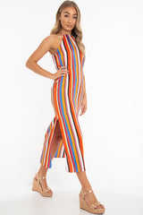 Orange Stripe Halterneck Drawstring Waist Maxi Dress - Melanie-Dresses