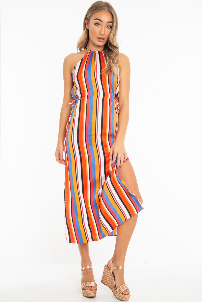 Orange Stripe Halterneck Drawstring Waist Maxi Dress - Melanie-Dresses