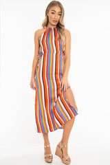 Orange Stripe Halterneck Drawstring Waist Maxi Dress - Melanie-Dresses