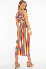 Orange Stripe Halterneck Drawstring Waist Maxi Dress - Melanie-Dresses