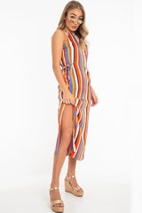 Orange Stripe Halterneck Drawstring Waist Maxi Dress - Melanie-Dresses