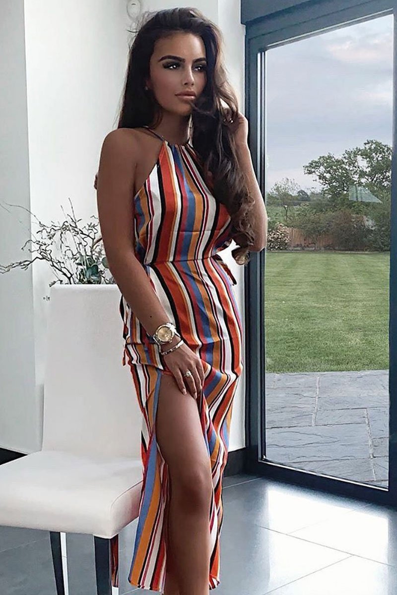 Orange Stripe Halterneck Drawstring Waist Maxi Dress - Melanie-Dresses