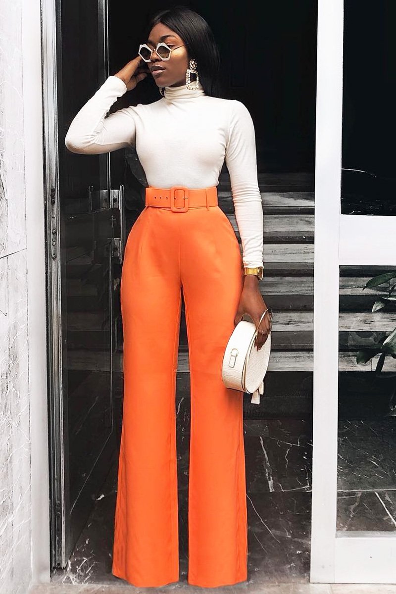 Orange Tailored Wide Leg Belted Trousers - Chenelle-Trousers