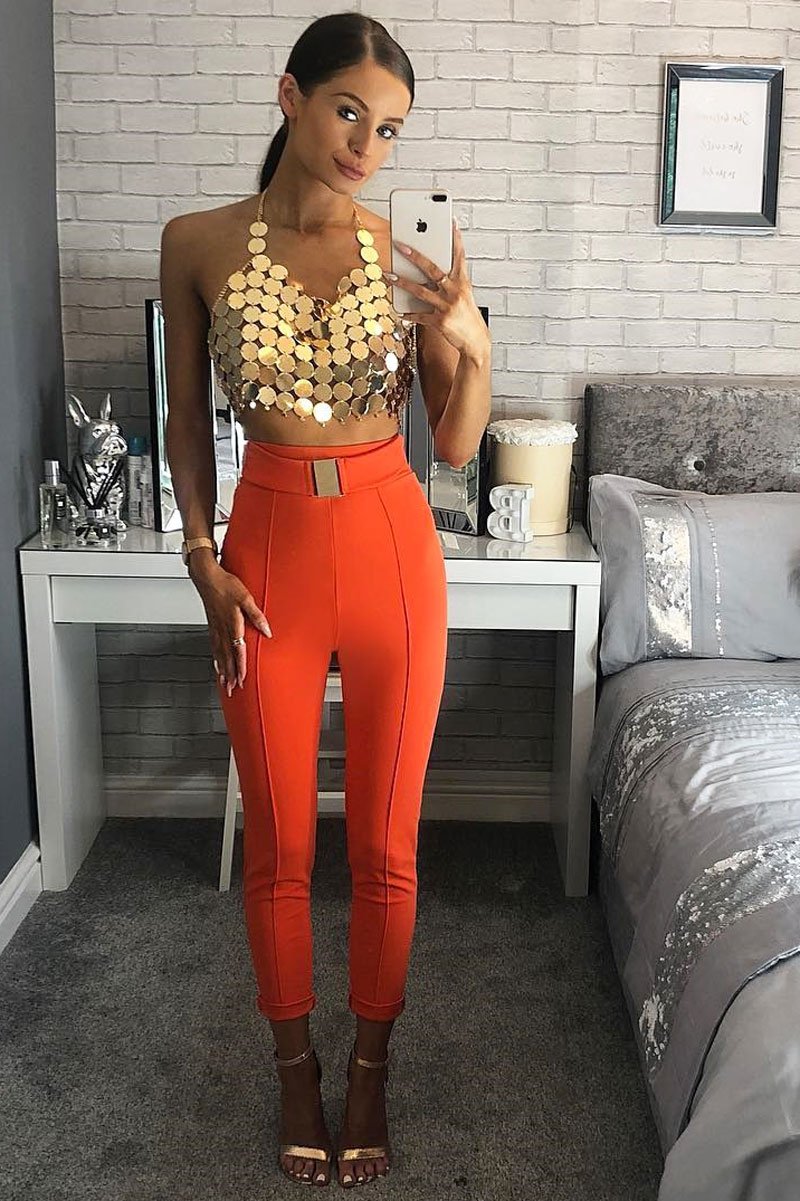 Orange Tapered Trousers With Gold Buckle - Zyana-Trousers