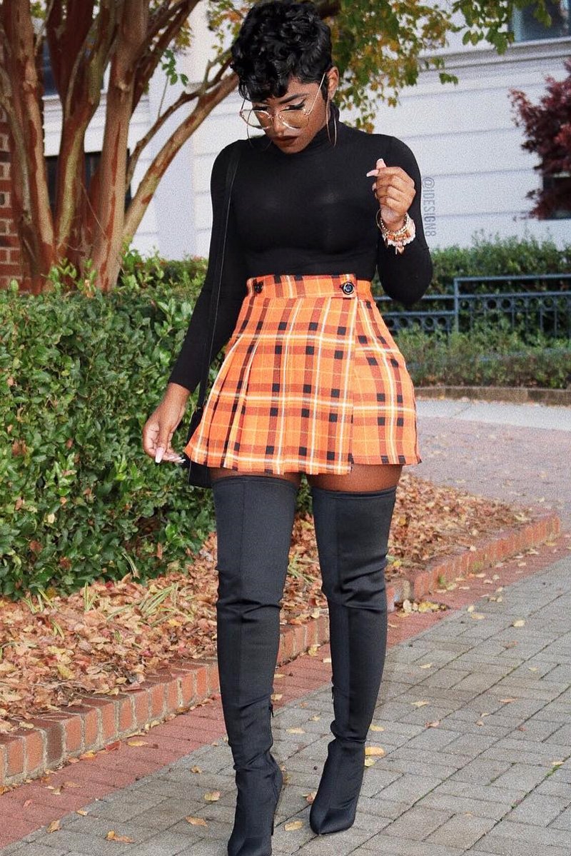 Orange Tartan Button Front Pleated Skirt - Laela-Skirts