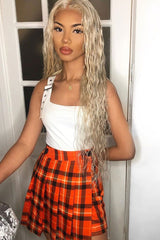 Orange Tartan Button Front Pleated Skirt - Laela-Skirts