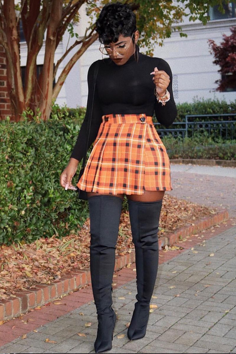 Orange Tartan Button Front Pleated Skirt - Laela-Skirts
