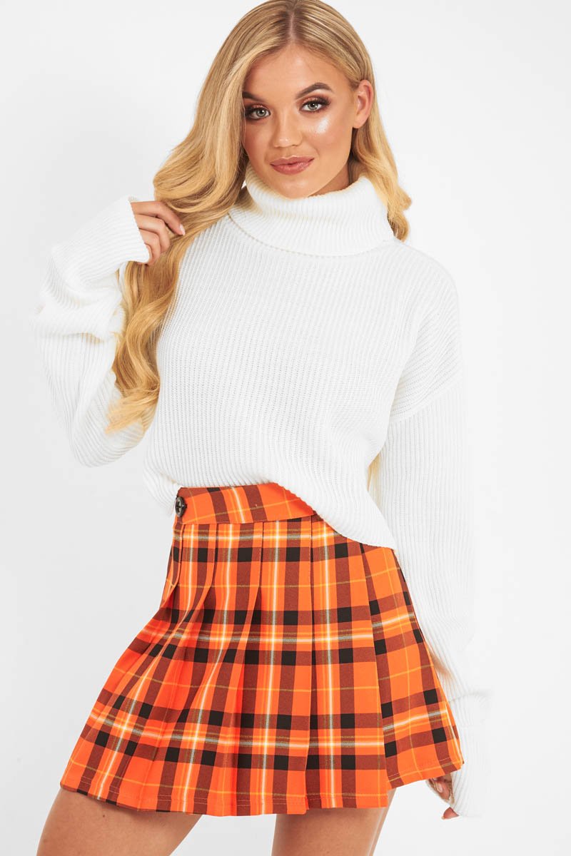 Orange Tartan Button Front Pleated Skirt - Laela-Skirts