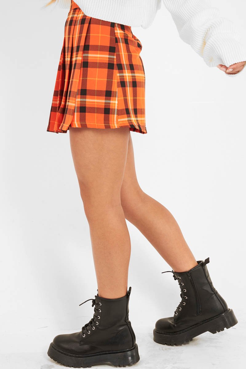 Orange Tartan Button Front Pleated Skirt - Laela-Skirts