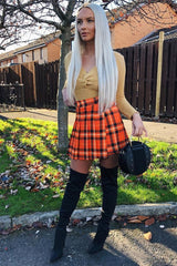 Orange Tartan Button Front Pleated Skirt - Laela-Skirts