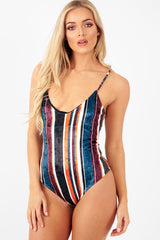 Orange Teal Crushed Velvet Bodysuit - Jozlyn-Bodysuits