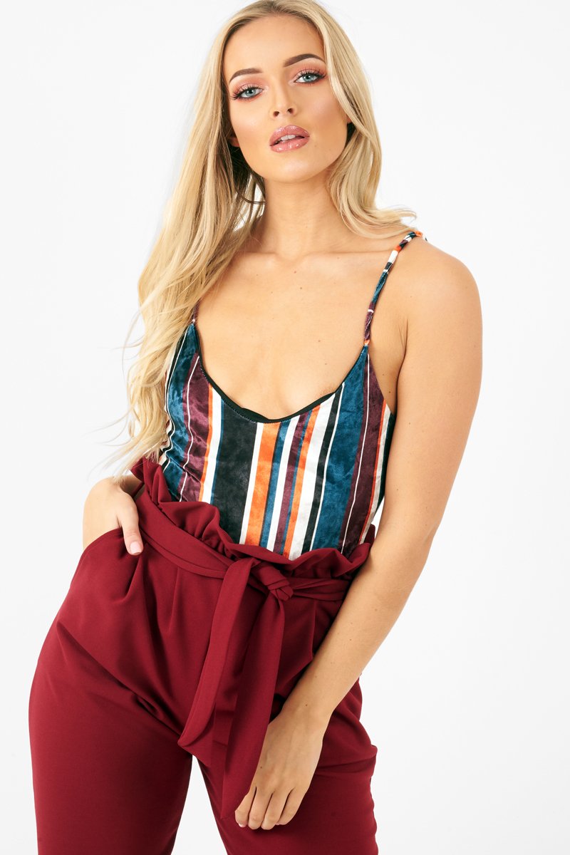 Orange Teal Crushed Velvet Bodysuit - Jozlyn-Bodysuits