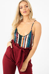 Orange Teal Crushed Velvet Bodysuit - Jozlyn-Bodysuits