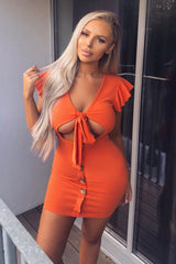 Orange Tie Button Front Bodycon Dress - Aaira-Dresses