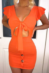 Orange Tie Button Front Bodycon Dress - Aaira-Dresses