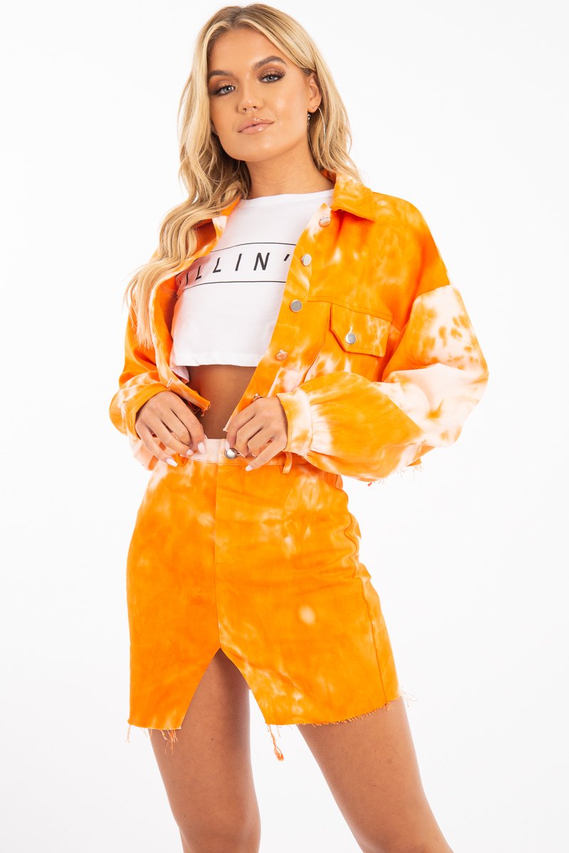Orange Tie Dye Denim Jacket Skirt Co-ord - Aadya-Co-ords